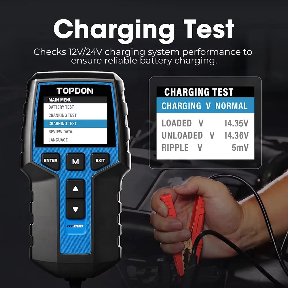 TOPDON BT200 Car Battery Tester, 12V/24V, 100-2000 CCA Load Tester | Battery and Alternator Tester for Cranking and Charging Systems, Auto Battery Analyzer for Cars, Trucks, SUVs, ATVs and Boats