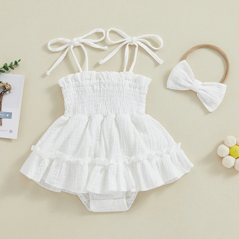 Newborn Baby Girl Summer Romper Dress, Sleeveless Tie-Strap Jumpsuit