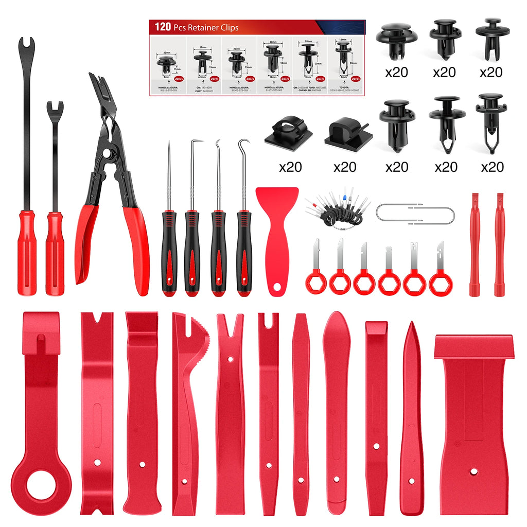 200Pcs Trim Removal Tool, Auto Push Pin Bumper Retainer Clip Set Fastener Terminal Remover Adhesive Cable Clips Round Handle Crowbar Kit Car Panel