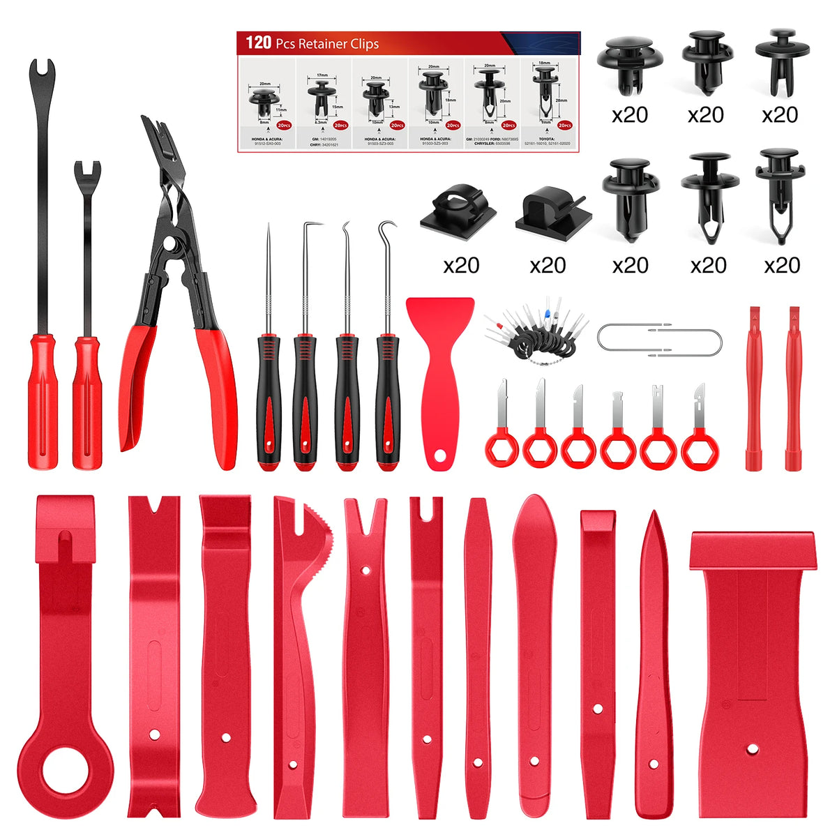 200Pcs Trim Removal Tool, Auto Push Pin Bumper Retainer Clip Set Fastener Terminal Remover Adhesive Cable Clips Round Handle Crowbar Kit Car Panel