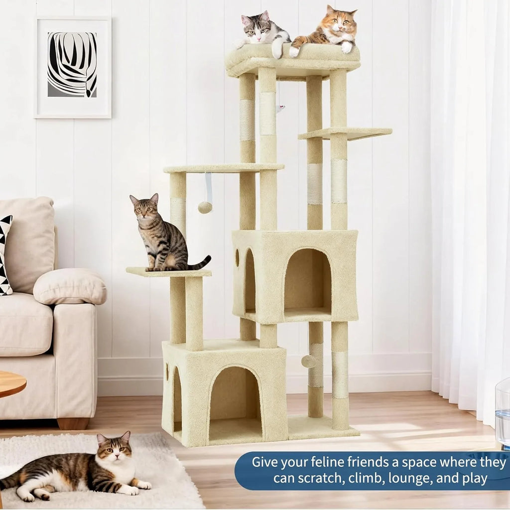 61 Inch Large Cat Tree Tower with 7 Scratching Posts 2 Cat Condos Top Perch Multi Level Cat Climbing Tree Furniture with Hanging Toys Anti Toppling Design for Indoor Cats Multi Cat Homes