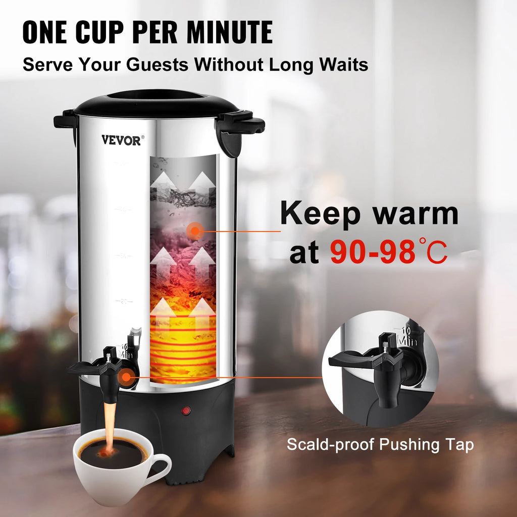 SucceBuy 50 Cups Commercial Coffee Urn Stainless Steel Large Coffee Dispenser 1000W Electric Coffee Maker Urn For Quick Brewing