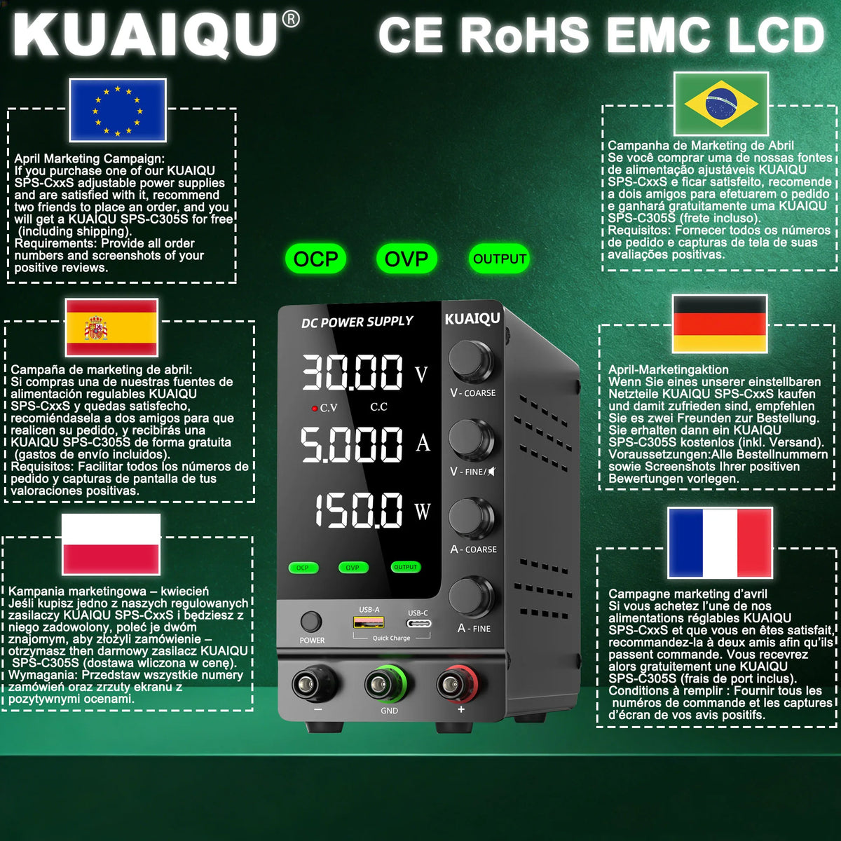 KUAIQU Official DC Power Supply Variable, 30V 60V 120V Adjustable Regulated Lab Power Supplies with OCP/OVP/Output/Encoder