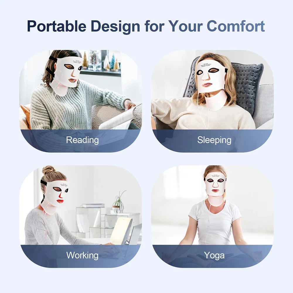 Silicone LED Face Neck Mask 7 Colors Red Light Infrared Photon Therapy Mask Flexible Wireless LED Beauty Mask for Skin Repair Rejuvenation Home Skin care