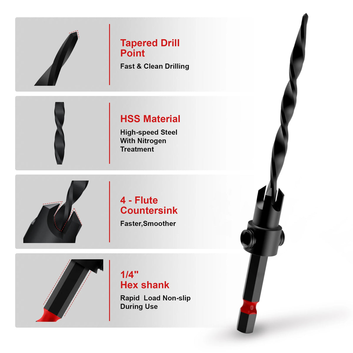 15PCS Countersink Drill Bit Set, Tapered Drill Bits with Wood Plug Cutter, 1/4" Hex Shank Quick Change Chamfer Tool for Woodworking, with Storage Box