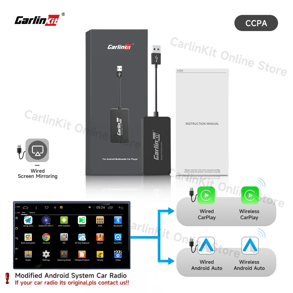 Carlinkit CCPA Wireless Android Auto Wireless CarPlay Adapter Screen Mirroring for Modify Android System Car Screen Radio Stereo