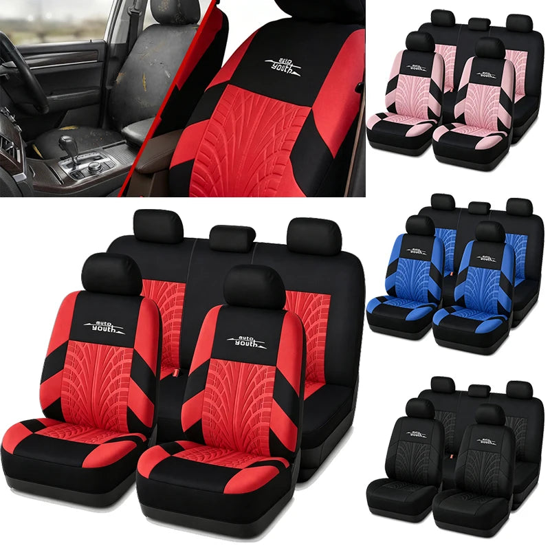 AUTOYOUTH Embroidered Car Seat Covers Full Set, Universal Fit with Tire Track Detail