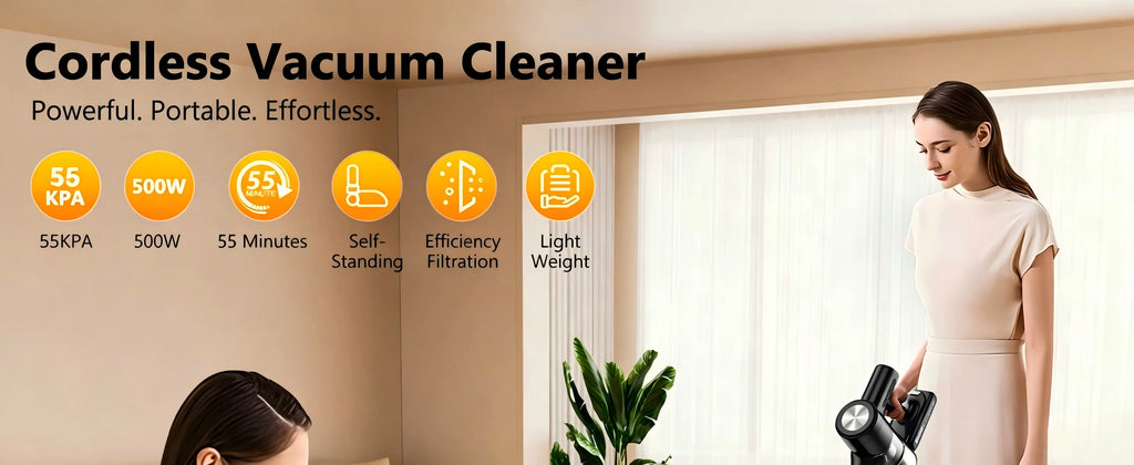Cordless Vacuum Cleaner, 55Kpa/55min Self-Standing Powerful Stick Lightweight Vacuum Cleaner for Home Fur/Hard Floor/Rug