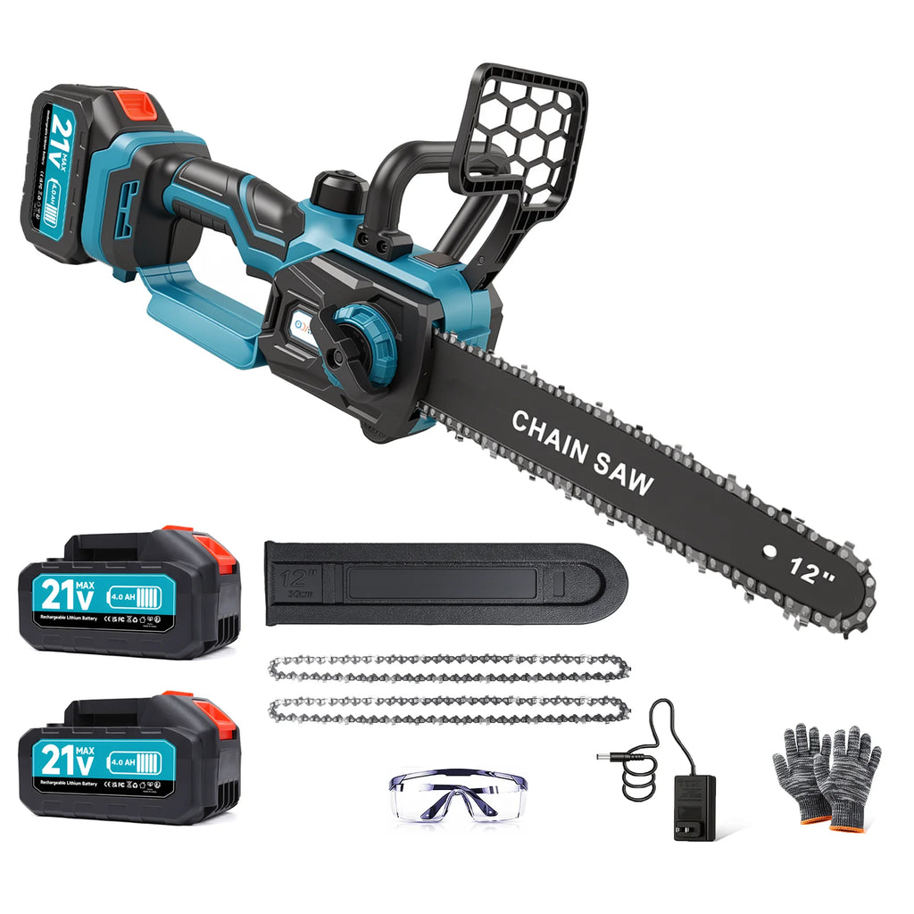 12 in Electric Chainsaw Cordless, 21v,2x4000mah Battery Handheld Chainsaw for Tree Trimming Electric Tree Trimmer Saw