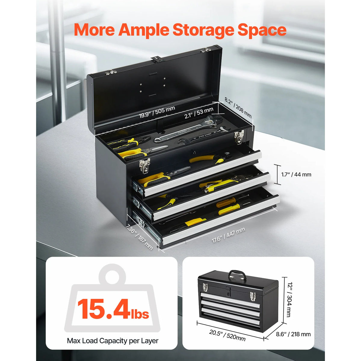 20-Inch 3-Drawer Metal Tool Box with EVA Liners