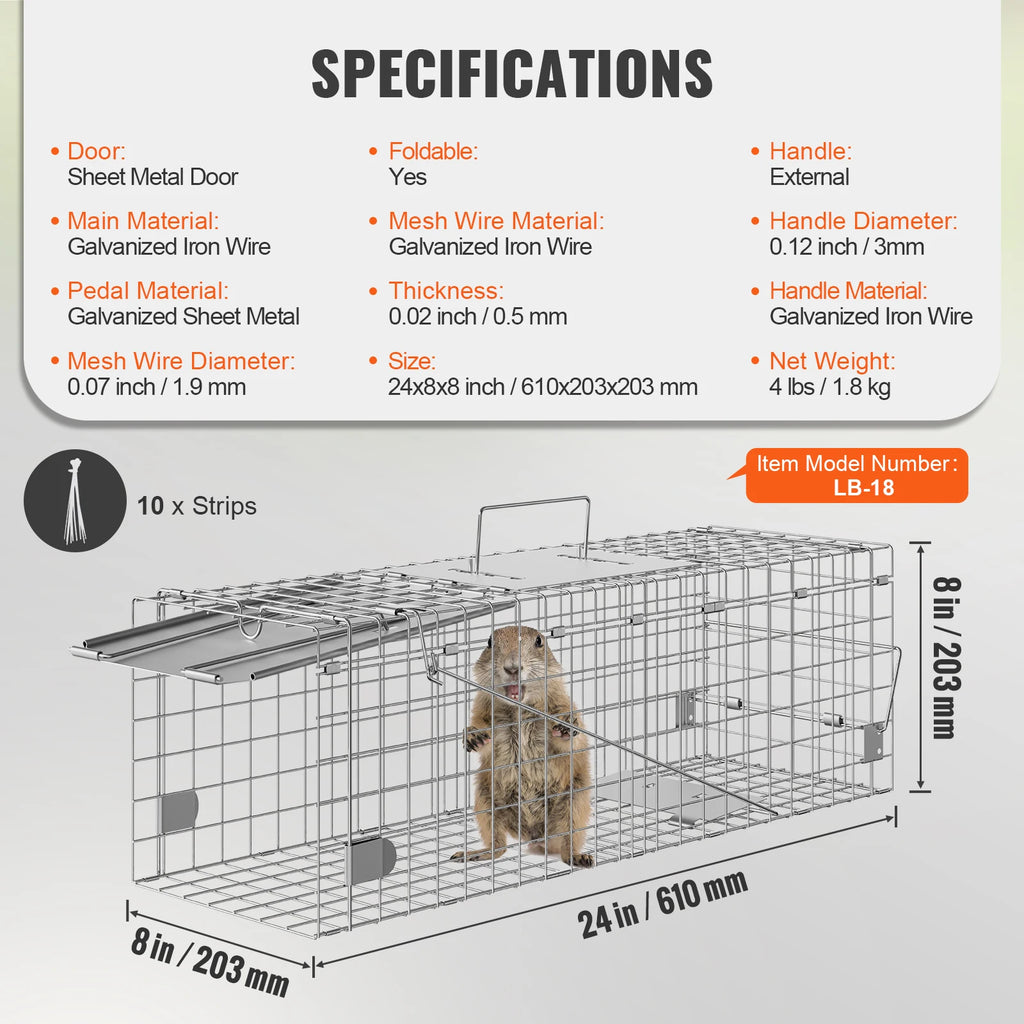 SucceBuy 24/31/42/50in Animal Cage Trap Folding Humane Cat Trap Galvanized Iron with Handle for Rabbits Squirrels Groundhogs