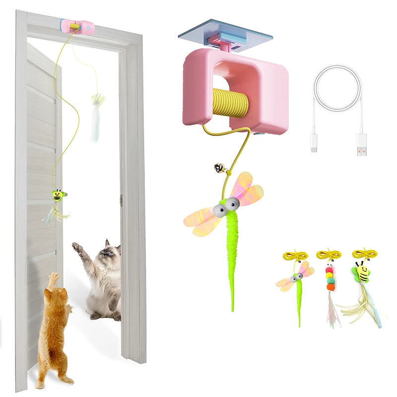 BOOTEELY Interactive Hanging Cat Toy, Rechargeable Retractable String Teaser with 3 Flying Feathers for Indoor Cats