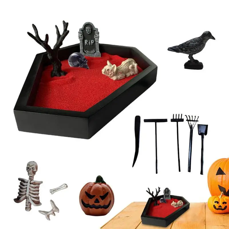 Halloween Coffin Sand Tabletop Decor, Gothic Mini Sand Tray Kit with Skull