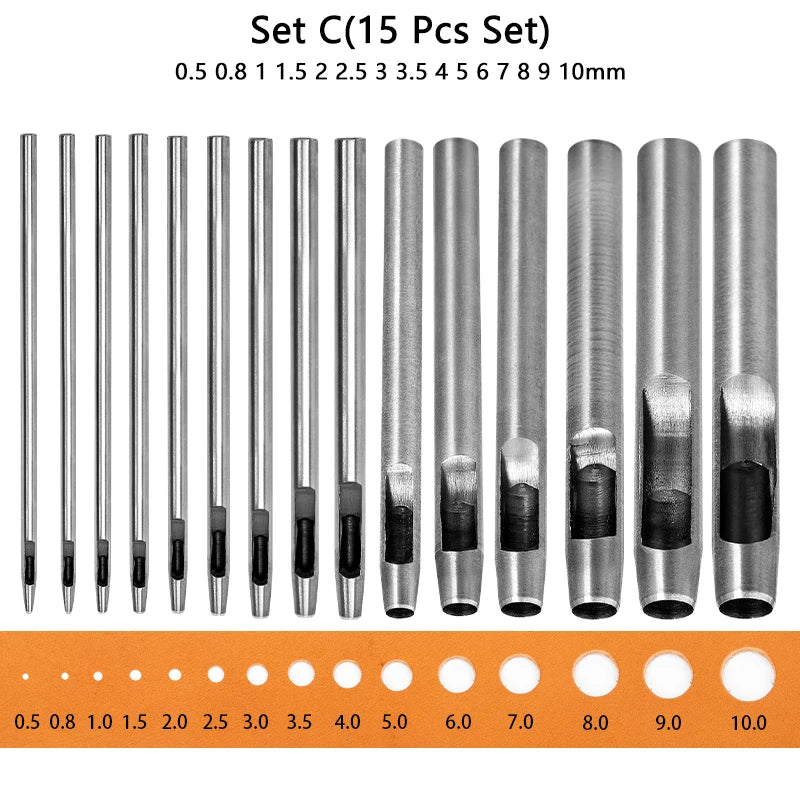 WUTA Basic Series 5-15 Pcs Leather Hollow Punch Set Round Hole Steel DIY Craft Working Tools for Watch Band,Fabric,Plastics,Gask