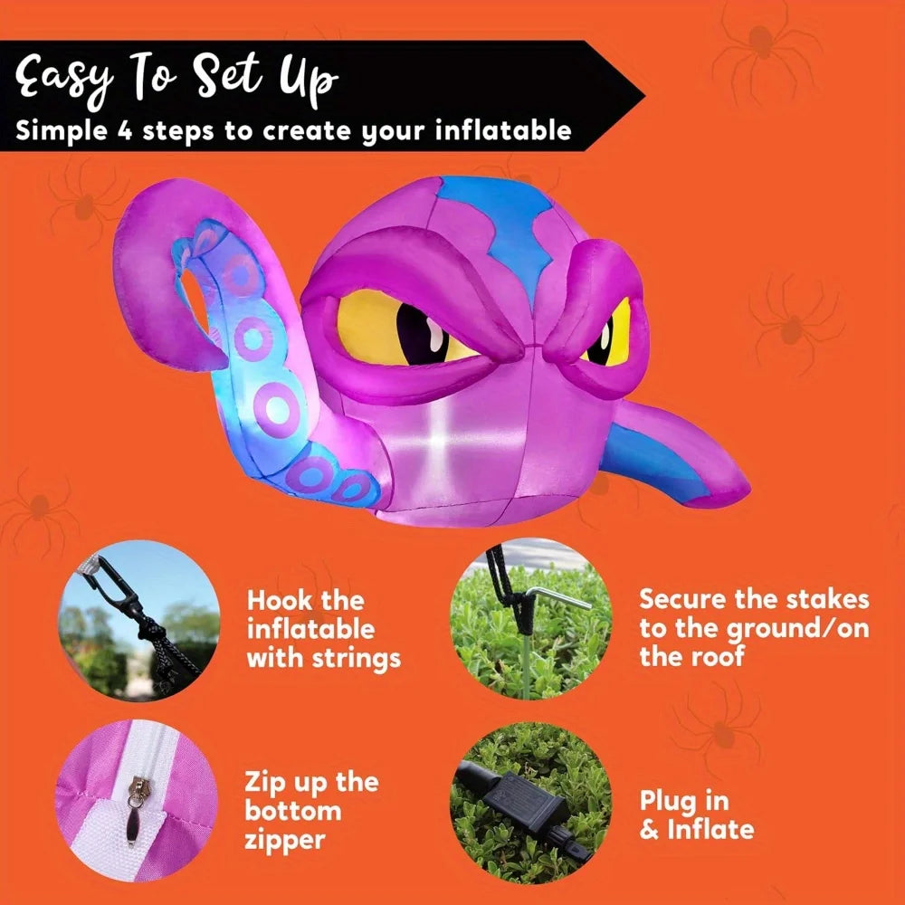 6.2 FT Long Purple Octopus Head Halloween Inflatable with Tentacles Broke Out from Window with Built-in LEDs Blow Up for Halloween Window Decor, Outdoor Yard Garden Lawn Party Decoration