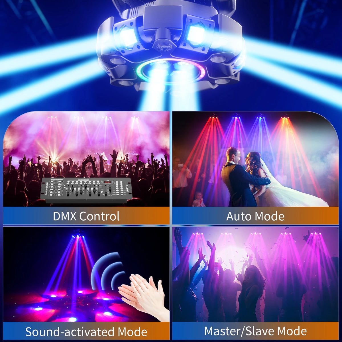 150W 6-Arm RGBW Beam Moving Head Light with Strip Effect Stage Light DMX512 Honeycomb Beam Strobe Effect for DJ Party
