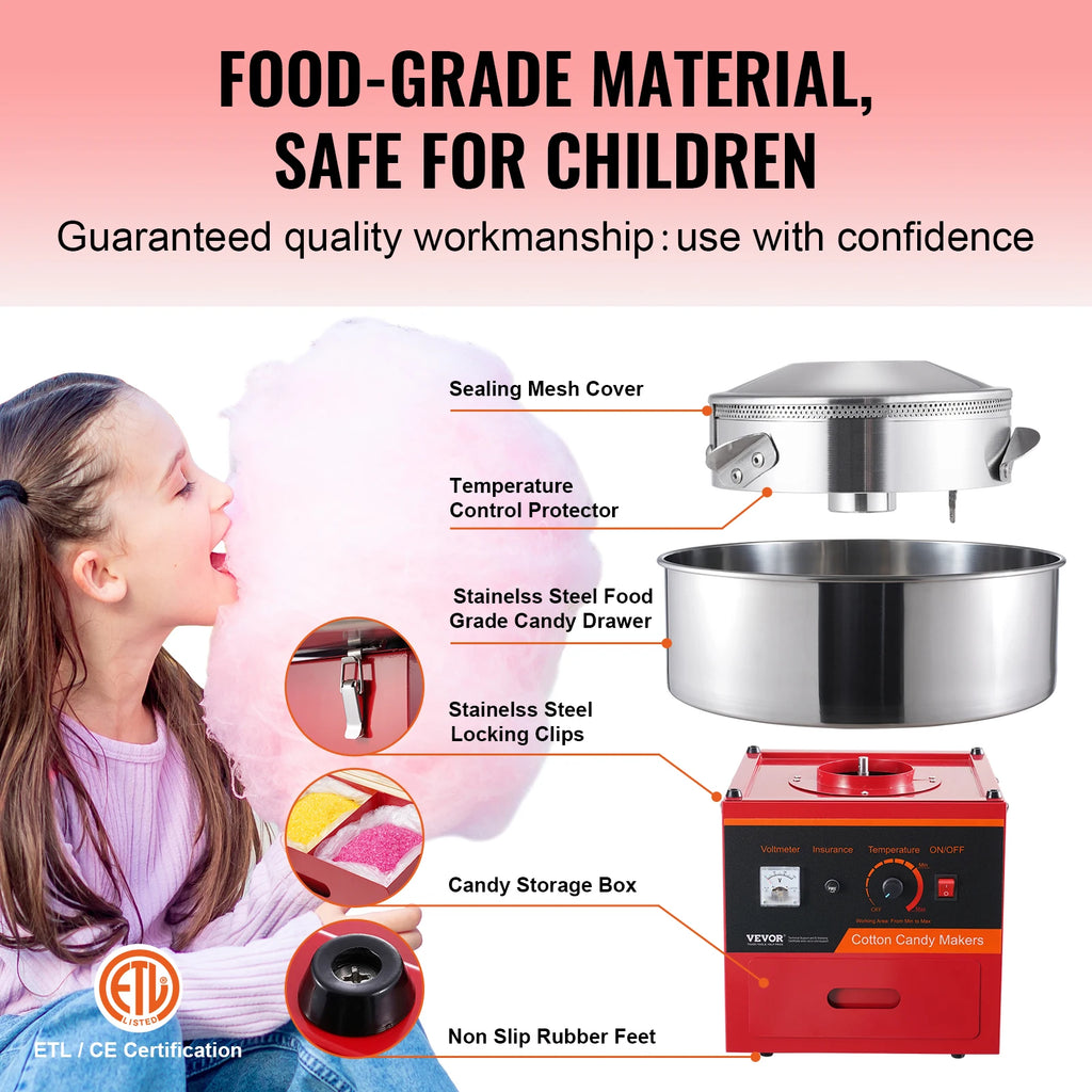 SucceBuy 1000W Electric Cotton Candy Machine Commercial Candy Floss Maker with Stainless Steel Bowl Sugar Scoop and Drawer