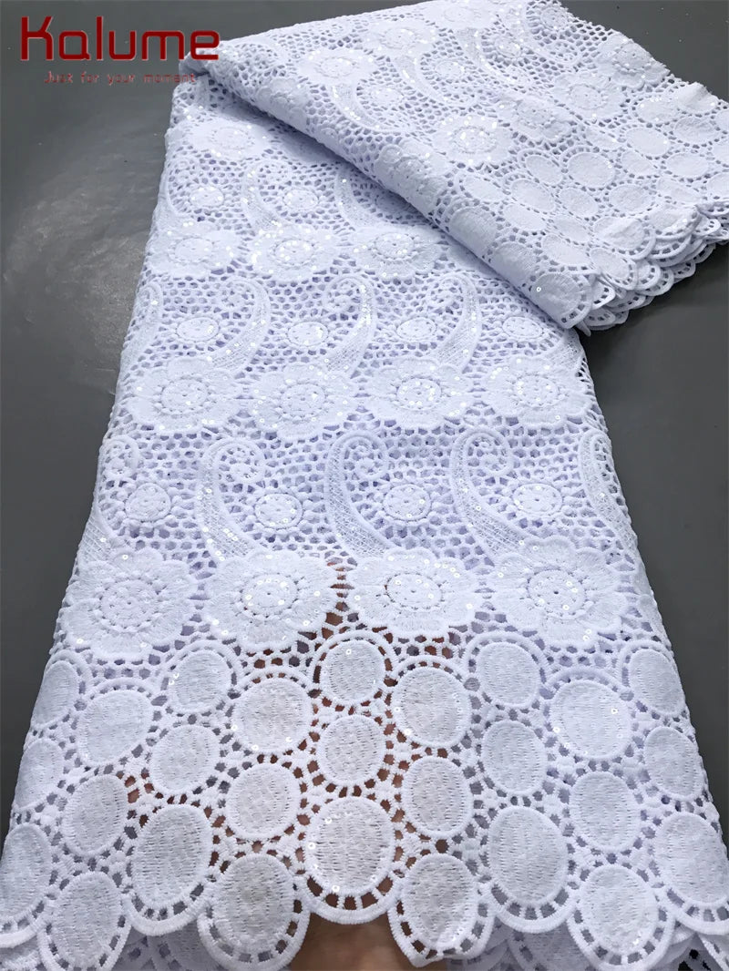 White African Guipure Cord Lace Fabric with Sequins 2025 High Quality Nigerian Guipure Cord Lace for Sewing Wedding Dress F4025