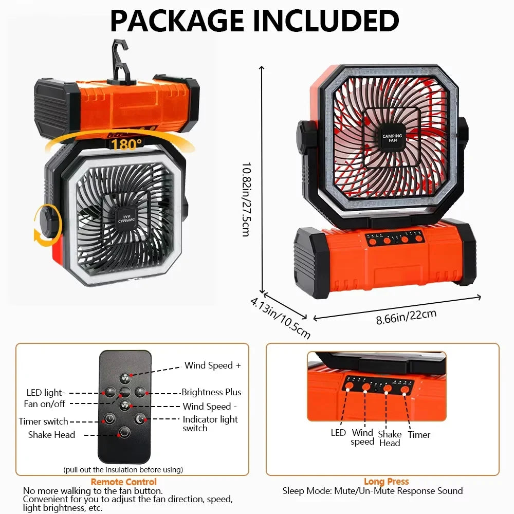 2026 New 20000mAh Battery Powered Fan Camping Fan with 360° Rotation Hanging Hook for Fishing Tents Desk Rechargeable Camping Ceiling Fan