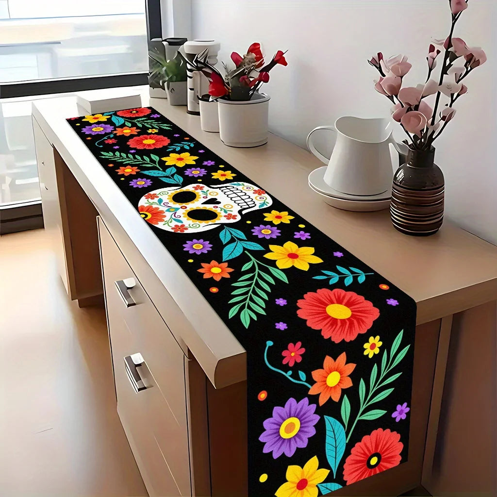 Halloween Day of the Dead Marigold Sugar Skull Linen Table Runner
