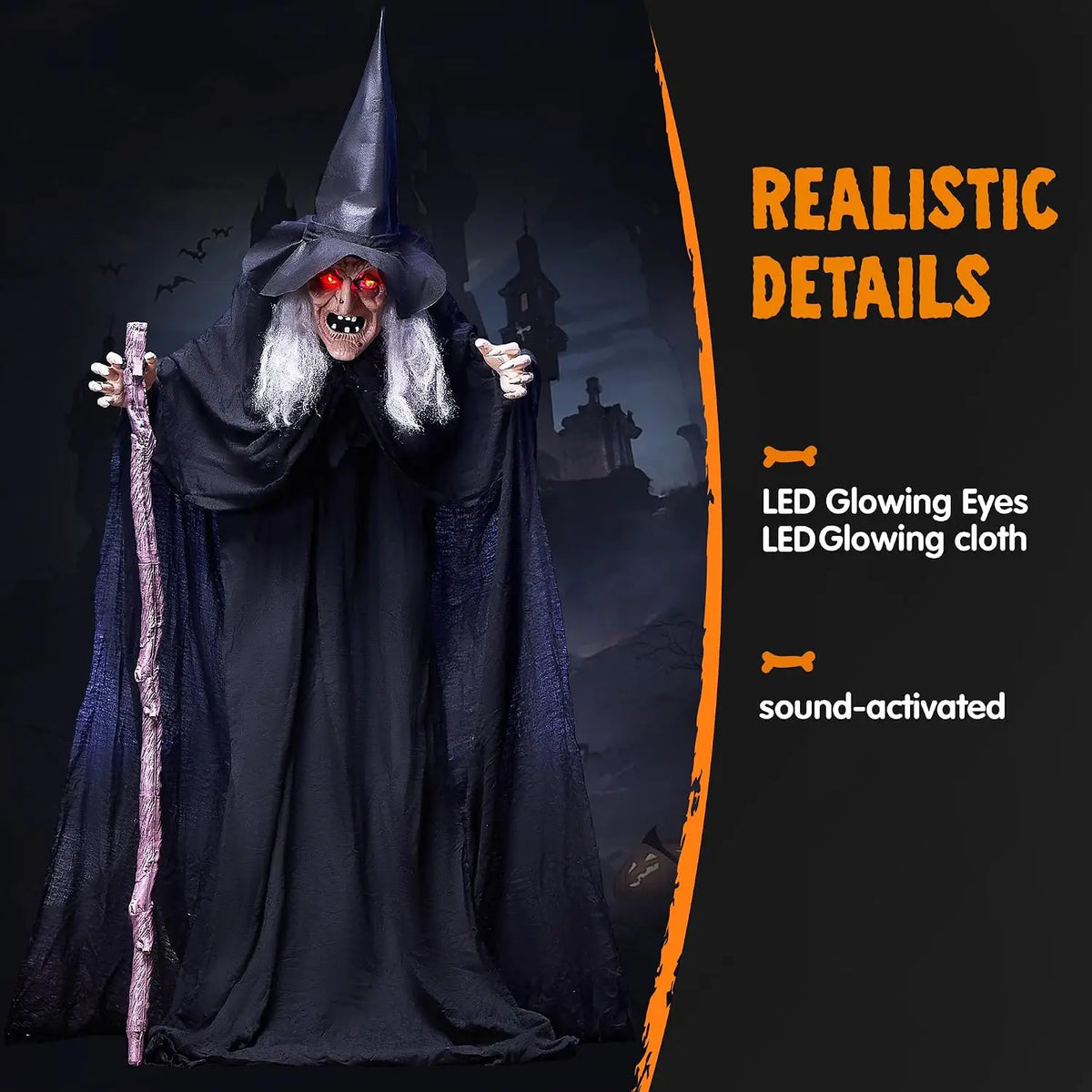 Halloween 72 in Animated Witch with Cane, Sound Activated with Creepy Lights