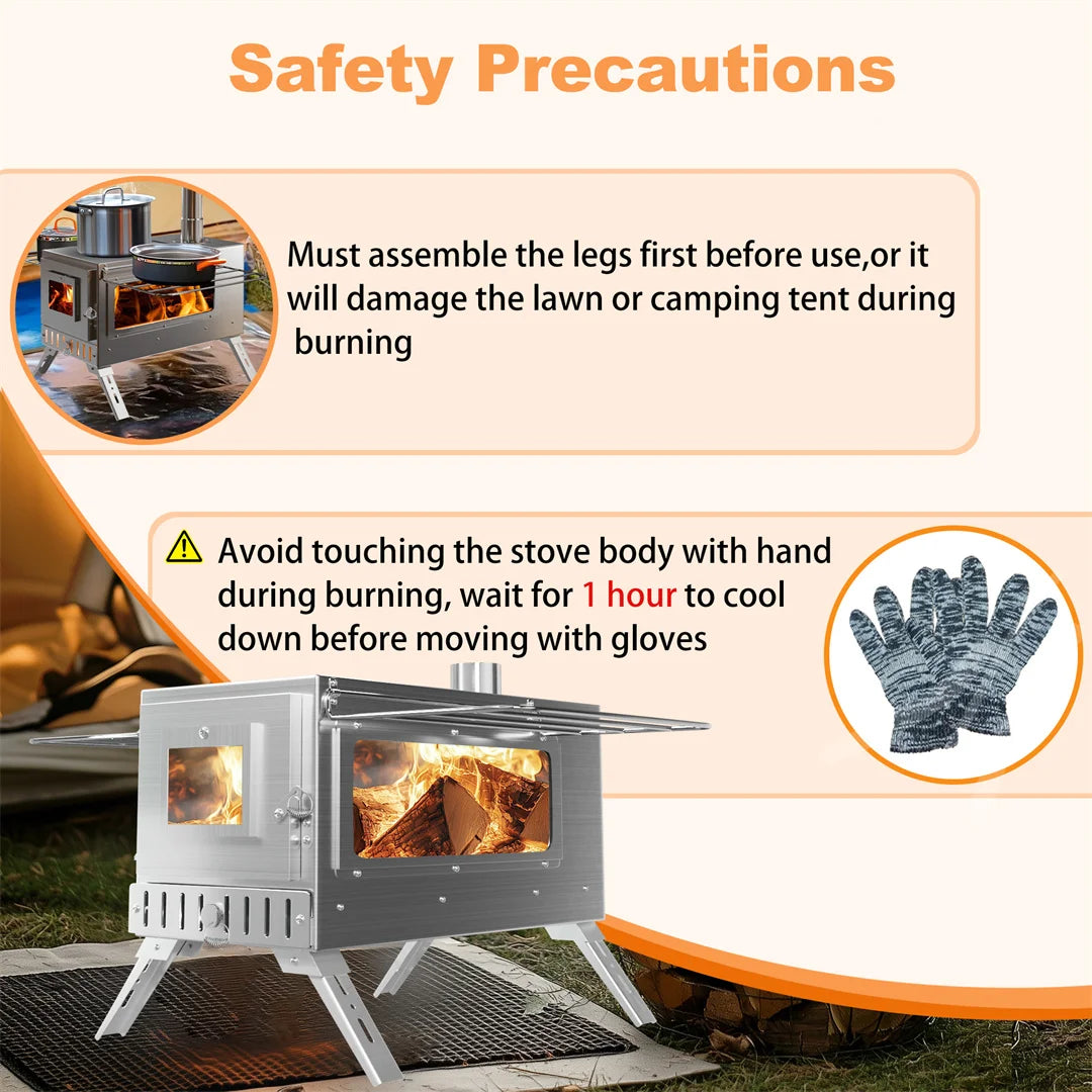 Hot Tent Stove, Wood Burning Stove, Portable Wood Stove with 6 Stainless Chimney Pipes for Outdoor Heating & Cooking