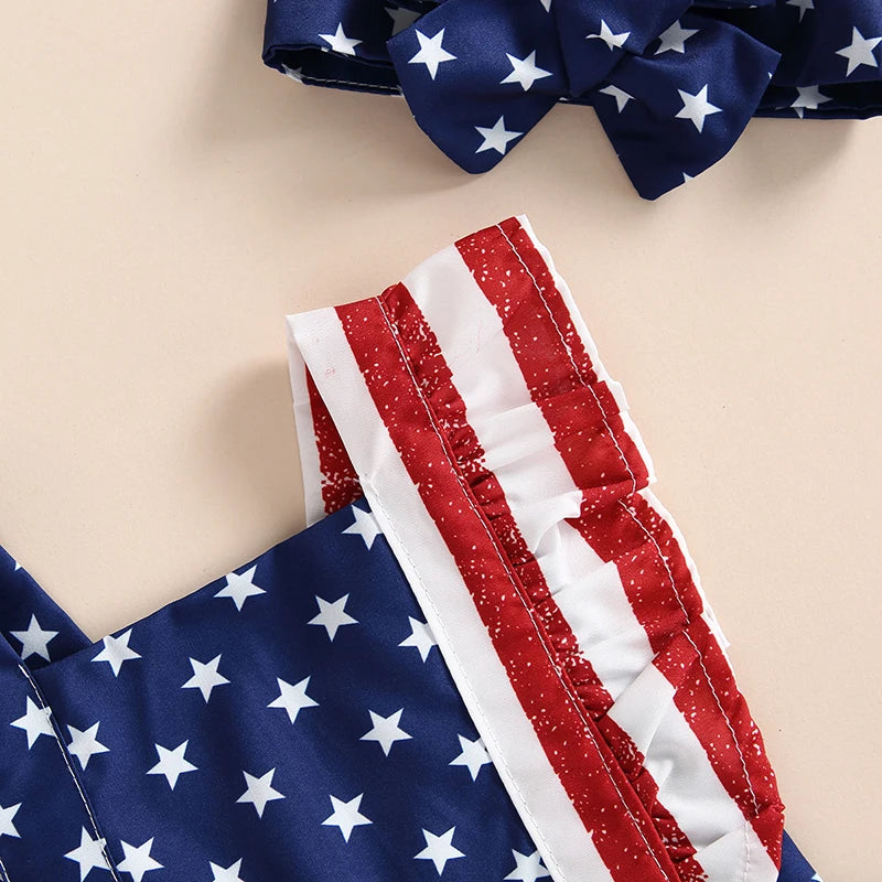 Infant Baby Girl Patriotic Ruffle Bodysuit and Headband Set, Sleeveless Summer Outfit