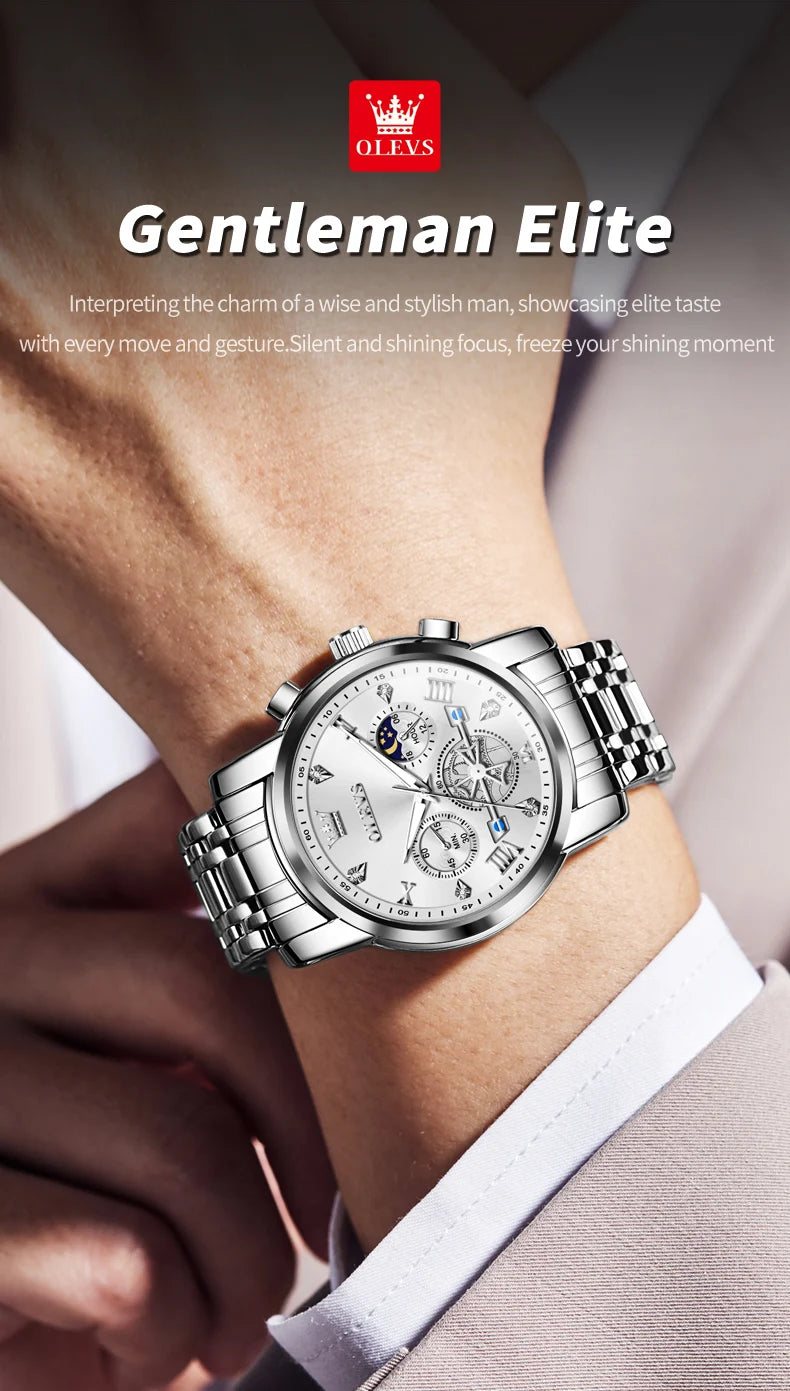 OLEVS Men's Skeleton Chronograph Watch with Moon Phase, Stainless Steel Quartz Wristwatch