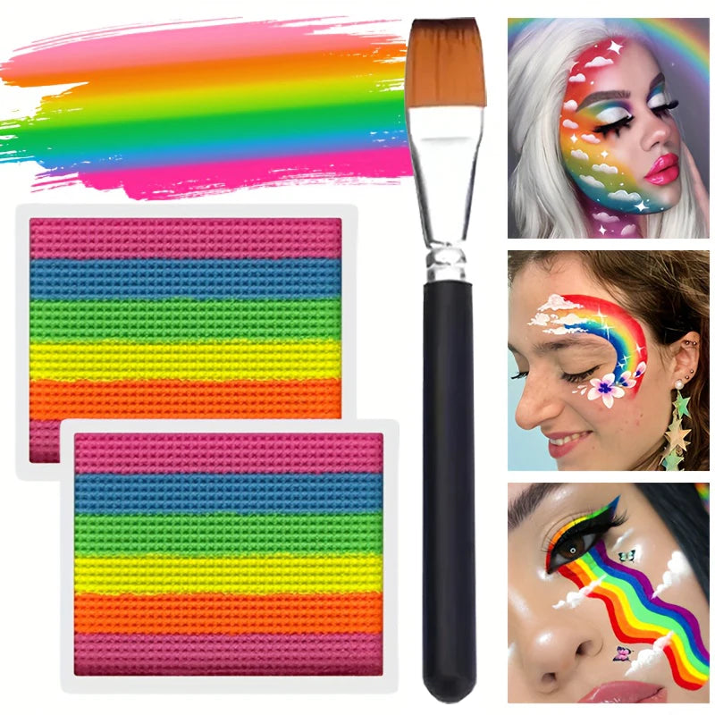 Rainbow Face and Body Paint Set-2pcs Split Cake Face Paint with Brush,Rainbow Face Painting Kit for Halloween Cosplay Art SFX