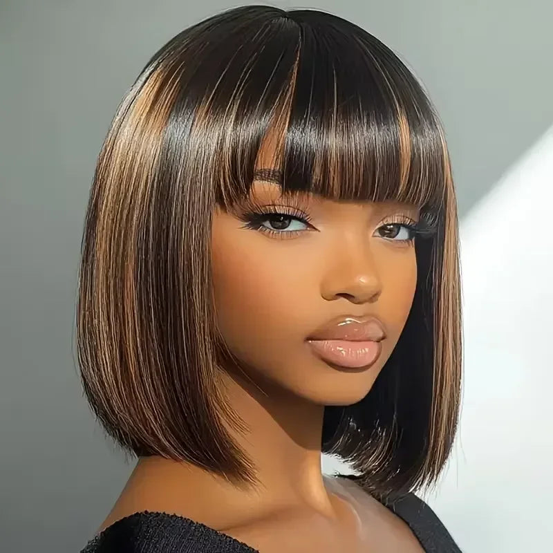 220% Density Ready To Go Glueless Human Hair Wigs 10 Inch 1B/30 Highlight Ombre Straight Wear And Go Glueless Bob Wig 2x1 Lace Closure Wig Human Hair
