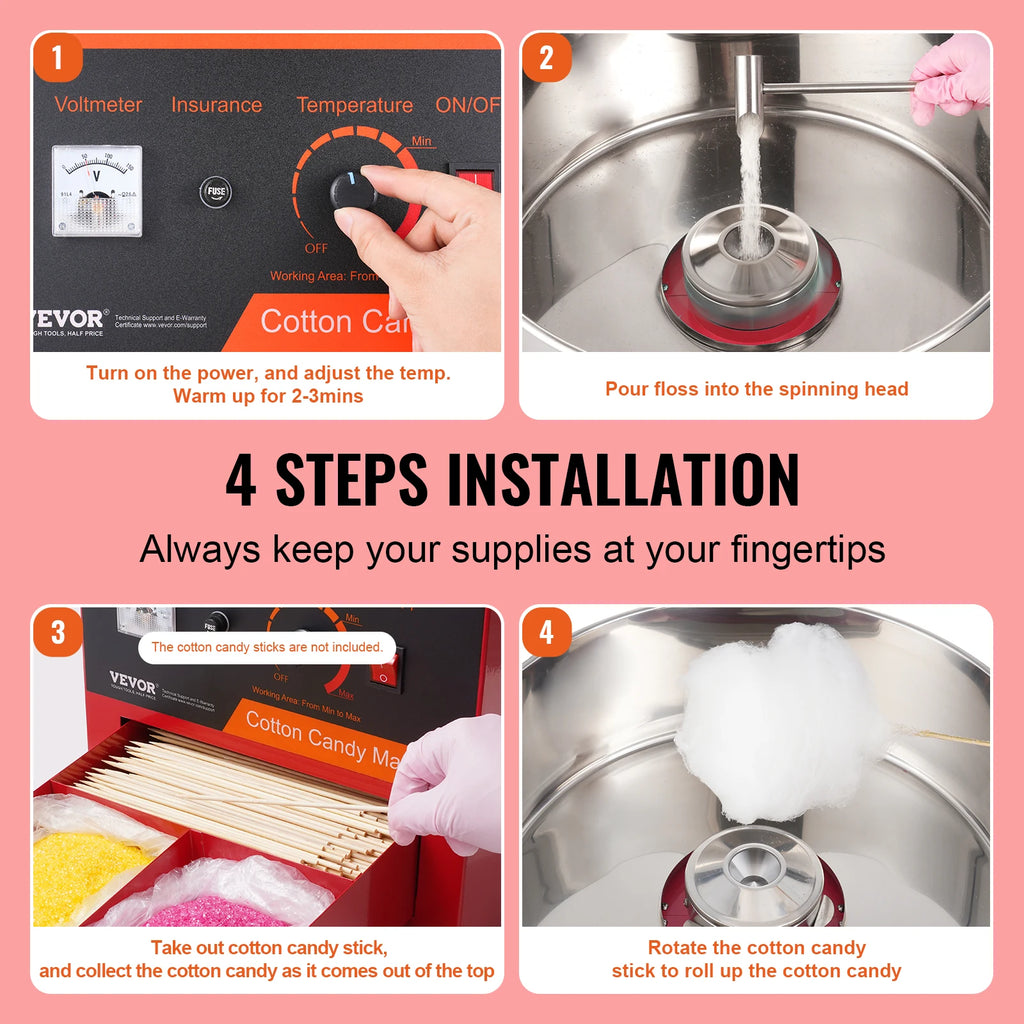SucceBuy 1000W Electric Cotton Candy Machine Commercial Candy Floss Maker with Stainless Steel Bowl Sugar Scoop and Drawer