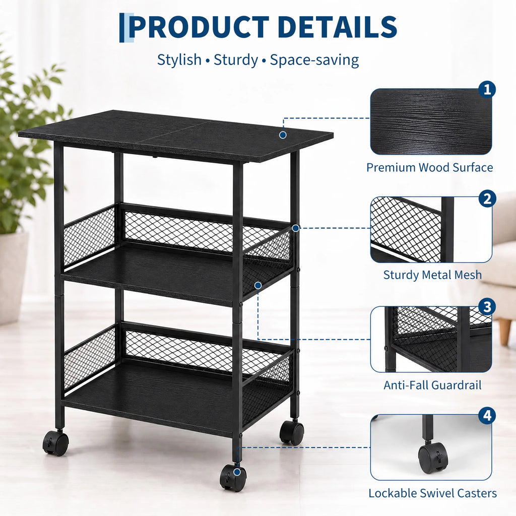3-Tier Printer Stand with Storage Shelves, Mobile Heavy Duty Rolling Rack on Wheels for Large Printers, Black Industrial MDF and Iron, Home Office
