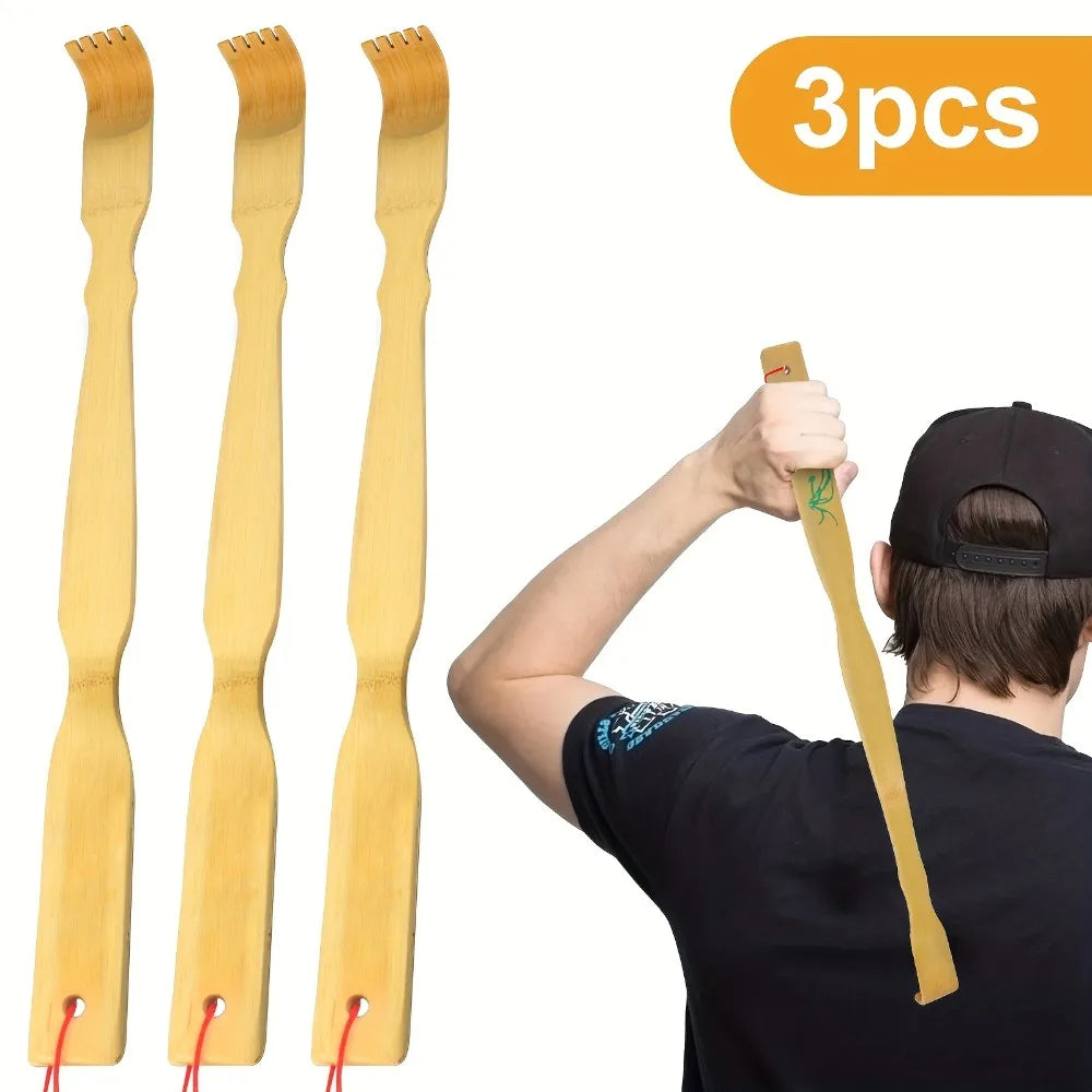 3-Pack Bamboo Back Scratcher Set - 18.3-Inch Long Handle, Natural Massage Tool, Unique Gift for Him and Her