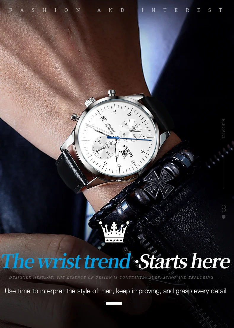 OLEVS Men's Leather Strap Quartz Watch, Waterproof Business Watch with Date