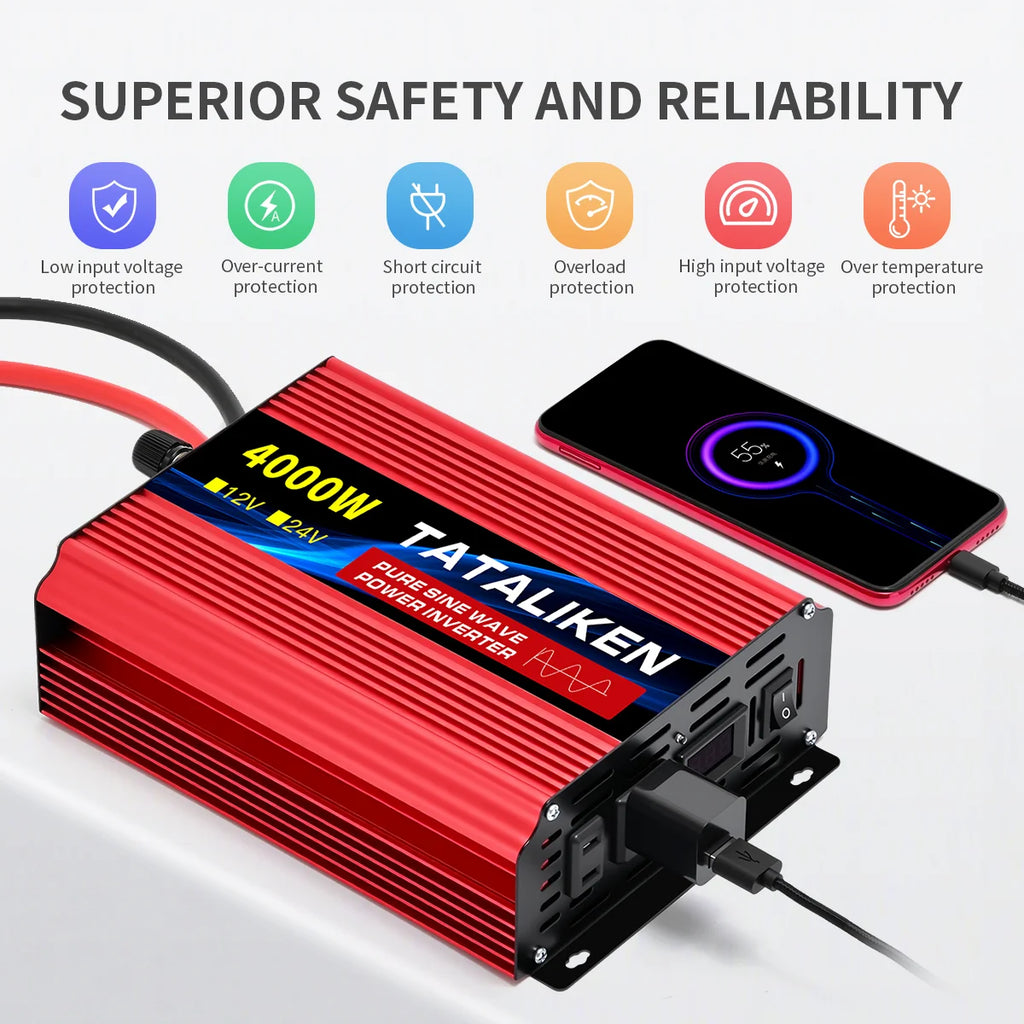 US Socket 24V To AC 110V 60HZ Pure Sine Wave Inverter Car Power 1000W/4000W/7000W/8000W Voltage Portable Converter with LED