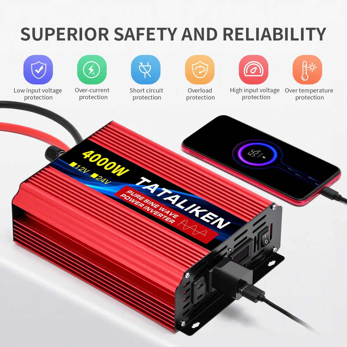 US Socket 24V To AC 110V 60HZ Pure Sine Wave Inverter Car Power 1000W/4000W/7000W/8000W Voltage Portable Converter with LED