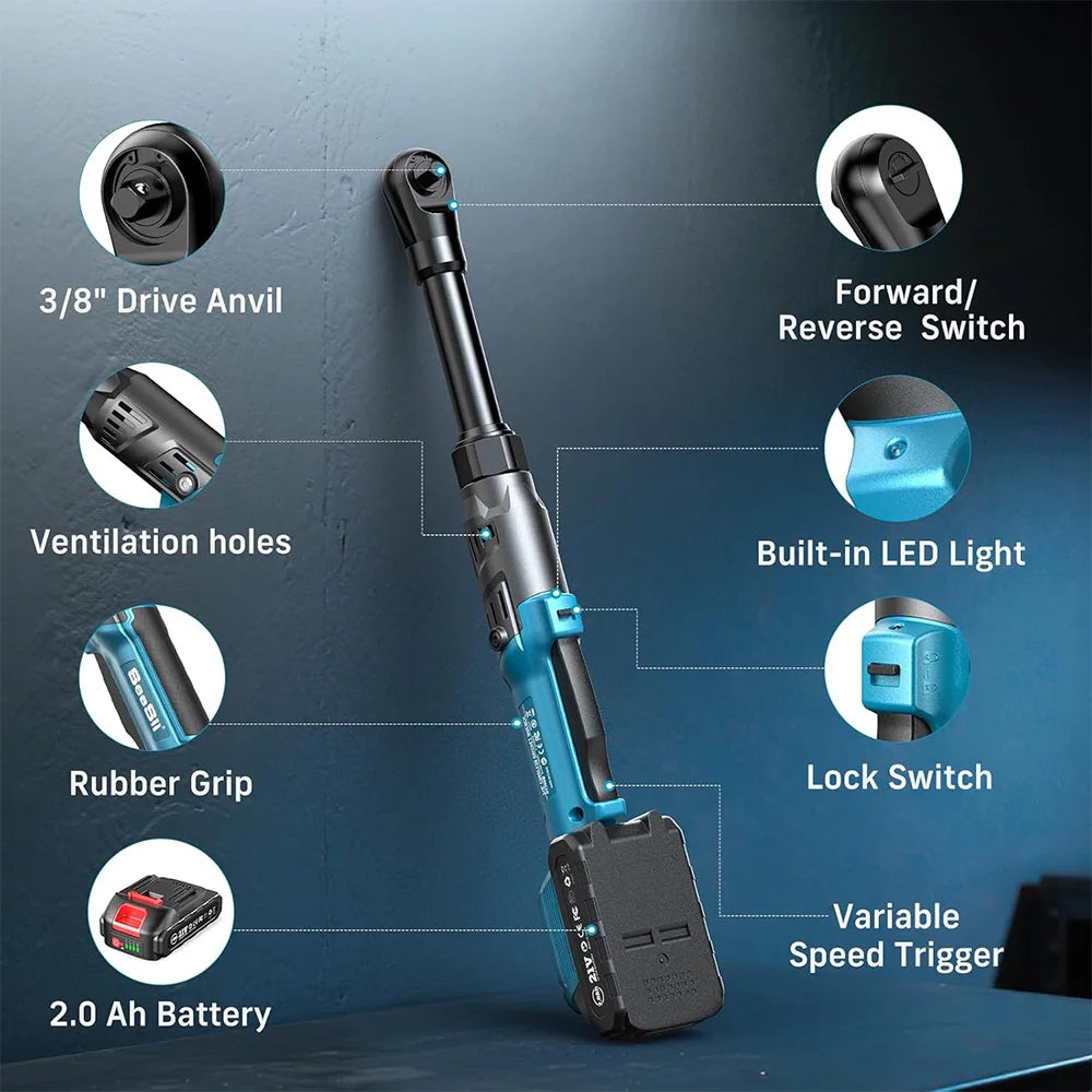 3/8" 21V 6.3'' Extended Electric Ratchet Wrench Cordless Electric Wrench Rechargeable Angle Wrench Car Repair Tools Compatible with Makita 18v Battery