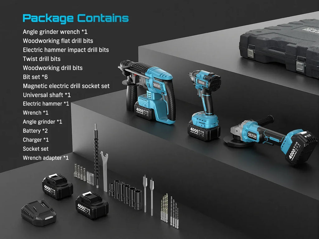 Seesii 3-In-1 Tool Combo Kit Rotary Hammer Drill Impact Wrench Angle Grinder Electric Brushless Cordless Battery Powered Tool Kits with 2x4.0Ah Batteries for Car Home Heavy-duty