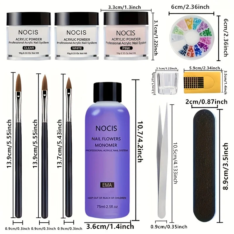 NOCIS Professional Acrylic Nail Kit with Clear, White and Pink Powder, Liquid and Tools