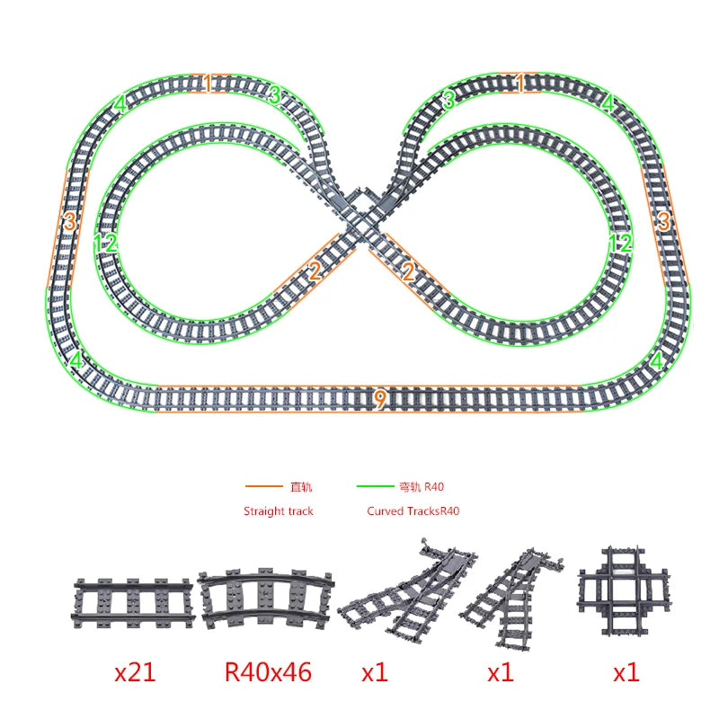 MOC 110pcs 25 Styles City Train Tracks Set Single Slip Switch Crossings Rails Bricks Building Blocks Technical Toys for kids