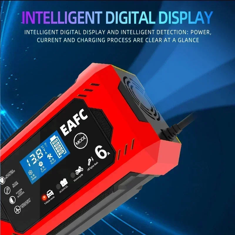 12V 6A Smart Car Battery Charger with LCD, Automatic Pulse Repair Charger for Car and Motorcycle