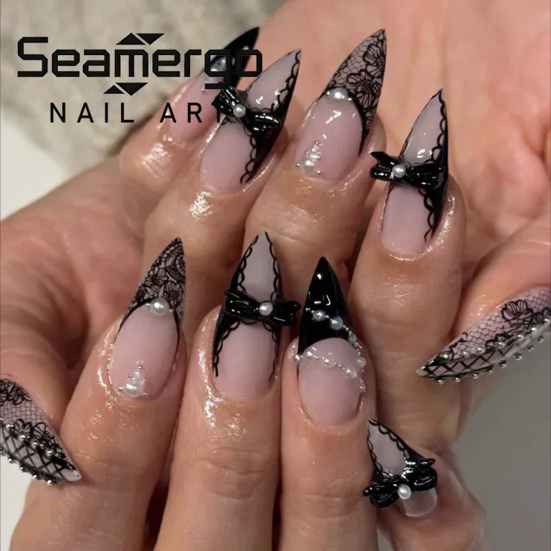 Black Bat Press On Nails, 24 Pieces Almond False Nails with Rivet and Bow Details, Reusable Halloween Nail Tips