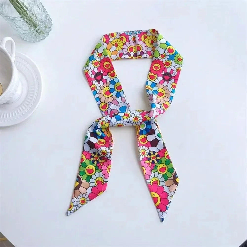 1Pcs Multiway Long Skinny Silk Scarf, Sunflower Print Ribbon, Bag Charm Hair Bow Belt, Multi-purpose Decorative Scarf for Handbag Hair Accessory