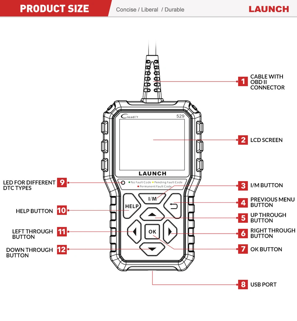 LAUNCH Creader 529 CR529 Automotive OBDII Scanner Car Diagnostic Tools Engine Check OBDII Scan Tools Launch Obd2 Scanner X431