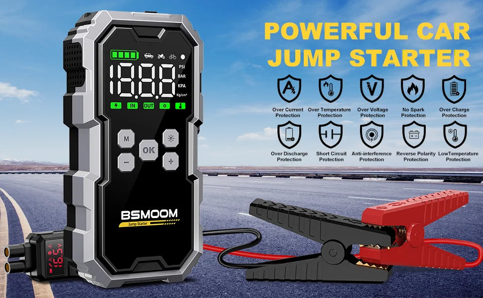 Portable Car Jump Starter with 150PSI Air Compressor, Power Bank and Emergency Battery Booster