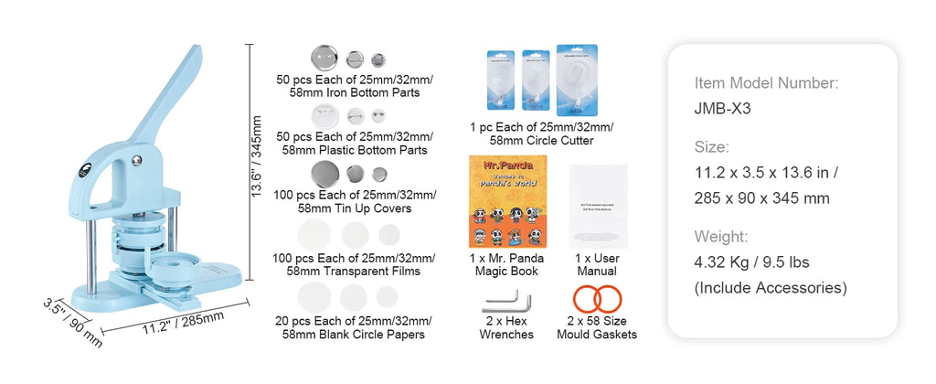 SucceBuy 3-IN-1 Button Maker Button Maker Machine with Panda Magic Book  Ergonomic Arc Handle Punch Press Kit