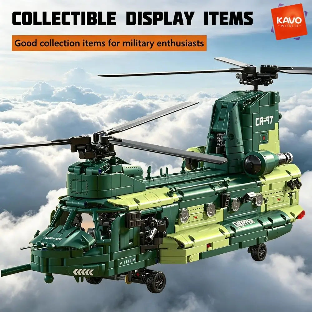 KAVOWORLD 1826PCS Chinook Tandem Rotor Military Transport Helicopter Building Blocks Model Aircraft Bricks Toys Kit Ideal Gift for Military Fans Movable Rotors Gear Linkage Opening Cargo Door Home Desk Display Christmas Birth