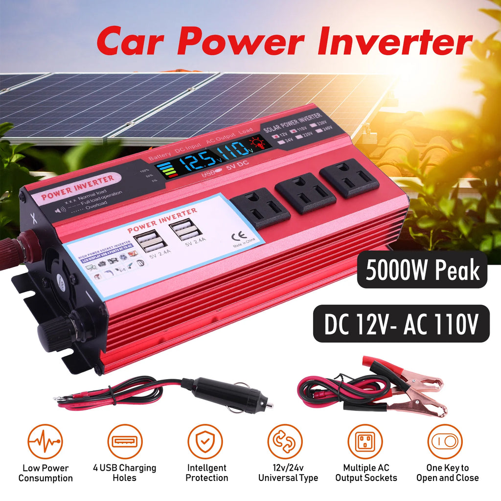 5000W Car Power Inverter DC 12V To AC 110V Converter Pure Sine Wave Fast Charging LCD LED Display Converter Charger Adapter