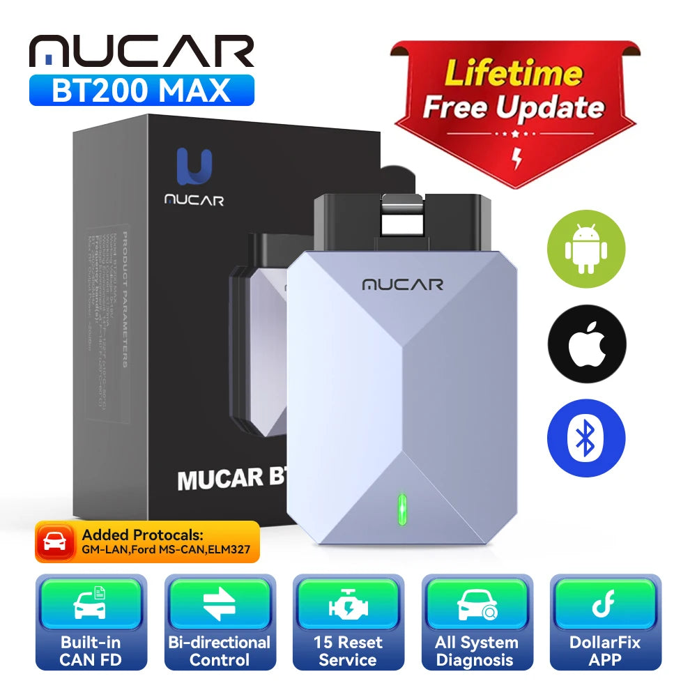 MUCAR BT200 MAX Auto OBD2 Scanner ELM327 CANFD Bidirectional Tool 15 Reset Full System Diagnose Code Reader Free Update for Life