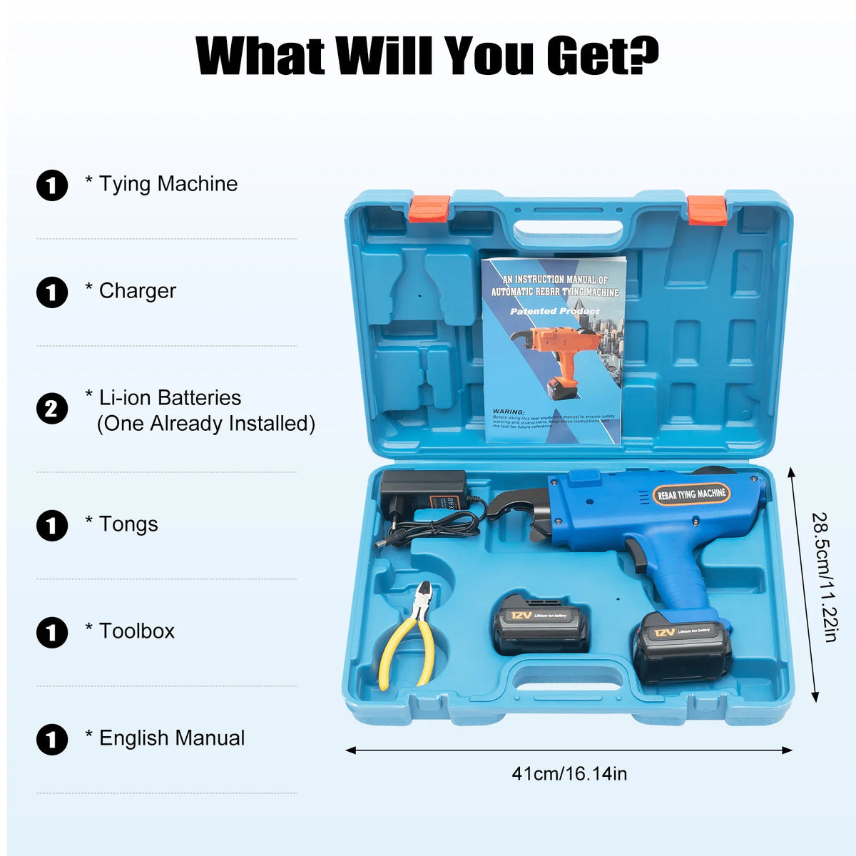 8mm-34mm Automatic Rebar Tier Binding Machine 12V 4500mAh Electric Handheld Rebar Tying Machine Wire Pliers Tool Kit w/Batteries